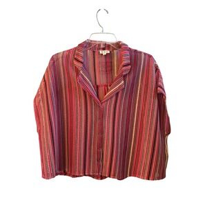 POL Multi Color Striped Open Knit Snap Front Boxy Blouse Top Boho Size Large